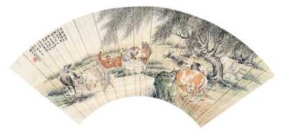 殷梓湘 乙亥（1935年）作 八骏图 扇面